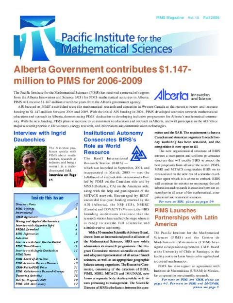 PIMS Newsletter, Fall 2006