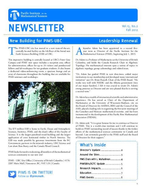 PIMS Newsletter, October 2012