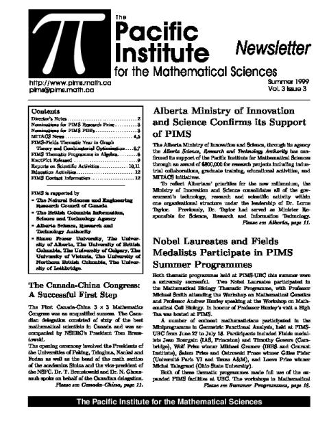 PIMS Newsletter, Summer 1999