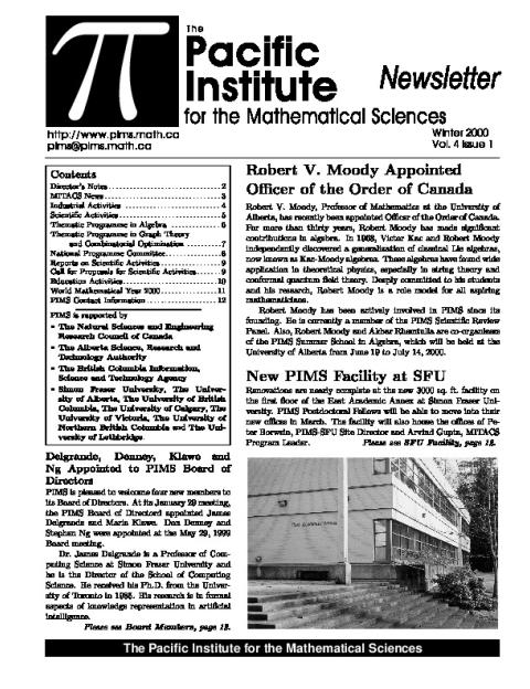 PIMS Newsletter, Winter 2000