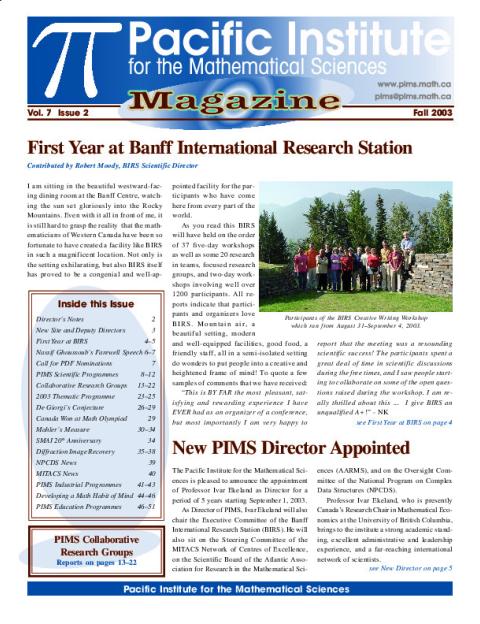 PIMS Newsletter, Fall 2003